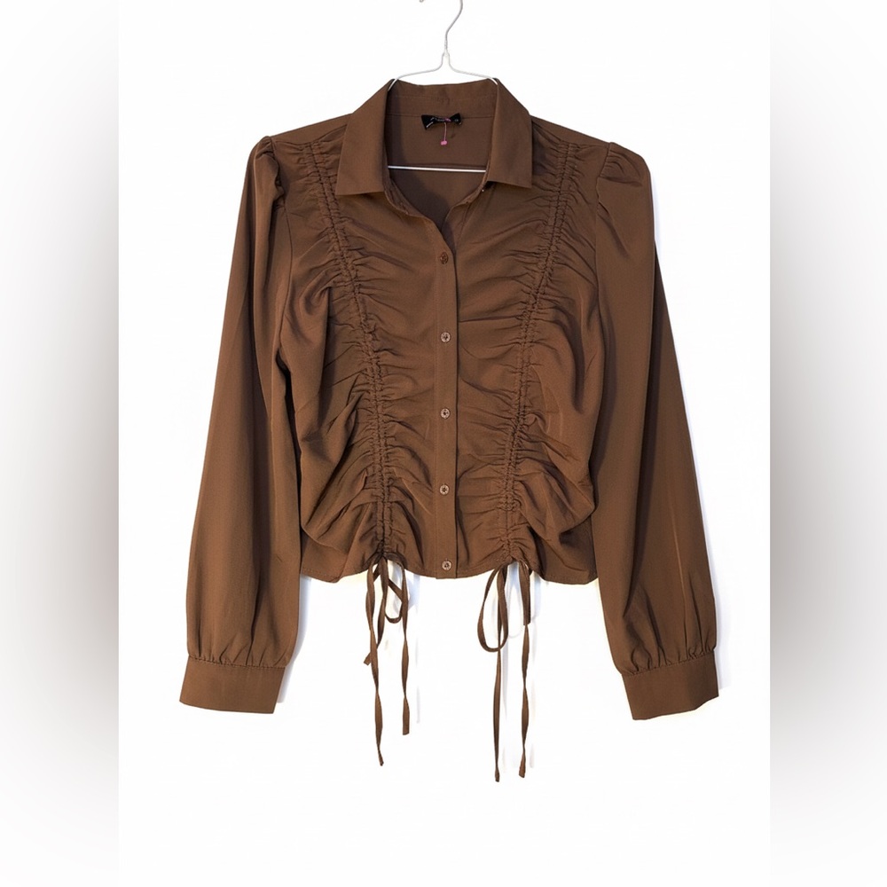 Chocolate Brown Ruched Women's long sleeve, button down Top by Milk‎ & honey